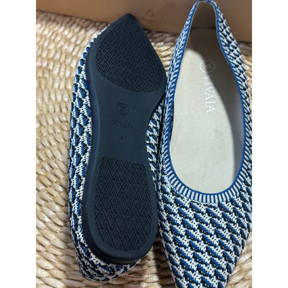 VIVAIA Pointed-Toe Knit Ballet Flats Blue & White Comfortable Chic‎ Shoes 9.5